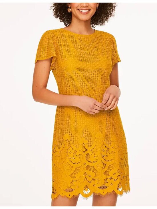 LOFT Dresses & Skirts - LOFT Gold Mustard Lace Short Sleeve Sheath Dress Size M Summer Wedding Party